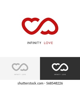 Infinity love logo - two red hearts and endless loop symbol. Valentine and relationship vector icon.
