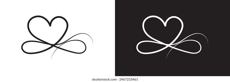 Infinity Love Symbol. Hand Drawn Heart Ornate, decorative flourishes. isolated on white and black background. Vector illustration . EPS 10