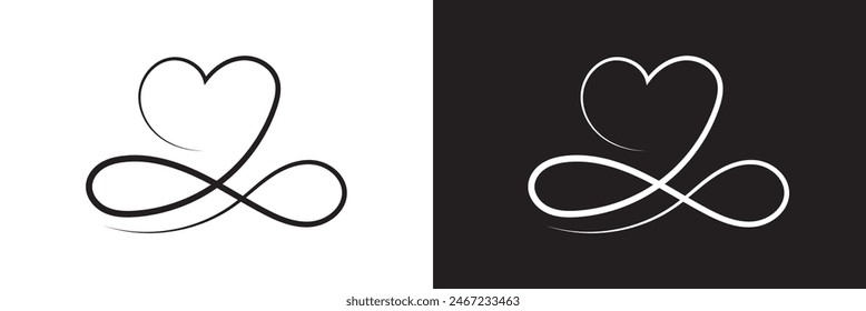 Infinity Love Symbol. Hand Drawn Heart Ornate, decorative flourishes. isolated on white and black background. Vector illustration . EPS 10