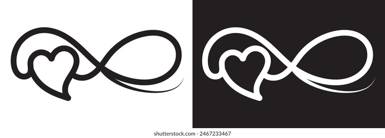 Infinity Love Symbol. Hand Drawn Heart Ornate, decorative flourishes. isolated on white and black background. Vector illustration . EPS 10
