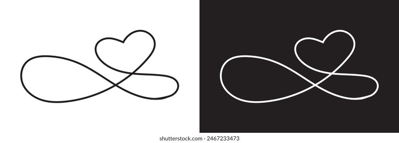 Infinity Love Symbol. Hand Drawn Heart Ornate, decorative flourishes. isolated on white and black background. Vector illustration . EPS 10