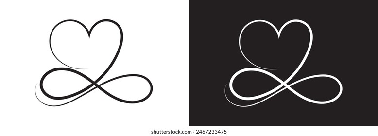 Infinity Love Symbol. Hand Drawn Heart Ornate, decorative flourishes. isolated on white and black background. Vector illustration . EPS 10