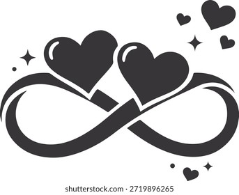 Vector de símbolo de amor infinito con corazones entrelazados y diseño de bucle fluido. Silueta plana negra limpia aislada sobre fondo blanco, que representa el amor eterno, la unidad y las relaciones para siempre. Perfecto para tarjetas de San Valentín, logotipos de bodas, diseños de aniversario, tatuajes, pegatinas y gráficos imprimibles.