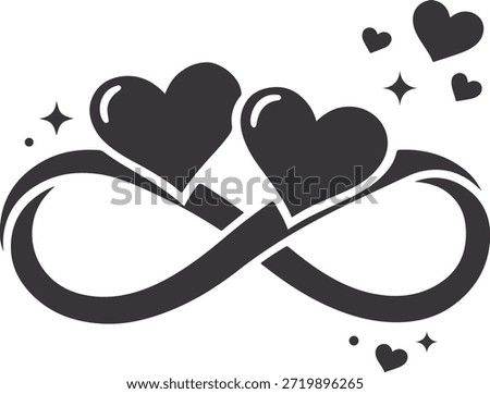 Infinity love symbol vector with intertwined hearts and flowing loop design. Clean black flat silhouette isolated on white background, representing eternal love, unity, and forever relationships. Perfect for Valentine’s Day cards, wedding logos, anniversary designs, tattoos, stickers, and printable graphics.