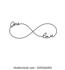 Infinity love symbols tattoo, one love, hand written calligraphy lettering text for invitation and greeting card for Valentines Day, print, t-shirt, emblem or logo design, continuous line drawing.