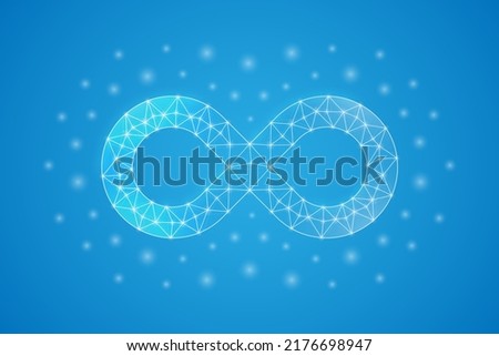 Infinity low poly symbol with white connected dots. 3d geometric polygonal Endlessness. Forever, unlimited design vector illustration.