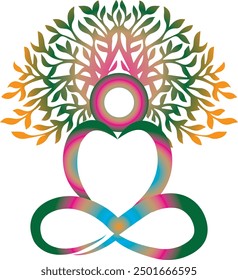 Infinity meditation, colorful meditation tree, meditating person and tree, tree meditation, spiritual tree, vector art, illustration, can be used anywhere. eps