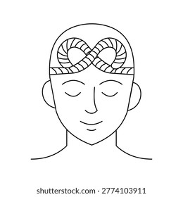 Infinity Mind and Continuous Creativity Concept. Vector line art illustration of a calm human face with an infinity symbol on the forehead. Represents eternal wisdom, limitless imagination, mental peace, and lifelong learning. Unique design for meditation, philosophy, and creative agencies.Editable stroke, Vector illustration, Line art Icon, Symbols.