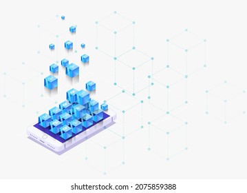 Infinity of mobile applications. Blue cubes that are on the smartphone. 3d vector illustration
