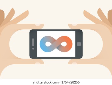 Infinity Mobile Technologies And Innovations. Cellphone And Limitless Symbol Shape - Infinite Sign, Future Industry Endless Potential And Possibilities, High Speed Internet Connection, Battery Charge.