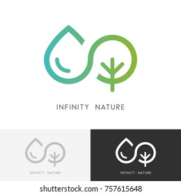 Logo de la naturaleza infinita - una gota de agua y símbolo de árbol o planta. Icono vectorial de la ecología, el medio ambiente y la agricultura.