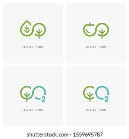 Infinity nature logo set. Green tree or plant with leaf, apple and oxygen symbol - new life and gardening, ecology and environment, carbon dioxide and photosynthesis icons.