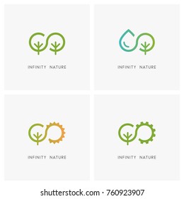 Infinity And Nature Logo Set. Green Tree, Drop Of Water, The Sun And Gear Wheel - Ecology And Environment, Agriculture And Industry Icons.