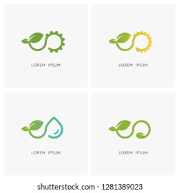 Infinity nature logo set. Plant or sprout with green leaves and gear wheel, sun, drop of water and seed symbol - ecology and industry, agriculture, environment and eternal life vector icons.