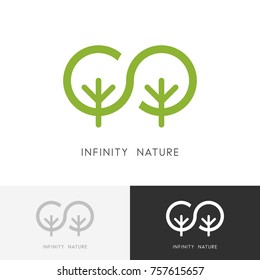 Infinity nature logo - two green trees and eternity of life symbol. Ecology and environment, garden, forest or park vector icon.