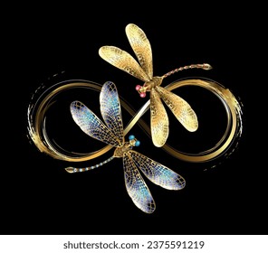 Infinity, painted in gold paint, adorned with two jeweled, gold dragonflies with sparkling, detailed wings on black background. Gold dragonfly.