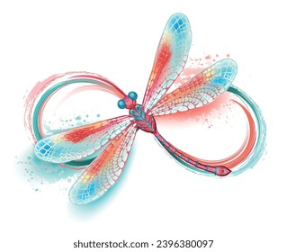 Infinity painted with large brush strokes, red, orange and turquoise paint with artistically drawn red dragonfly decorated with light red, detailed wings on white background. Hand drawn vector art.