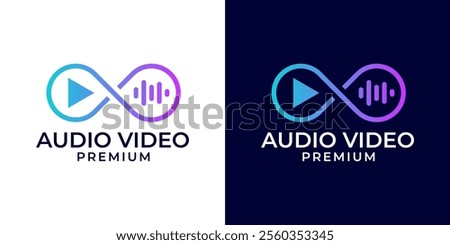 Infinity play media line logo design vector. Play video icon with audio spectrum logo design template. Vector logo template of invinity, audio, spectrum, wave, play, video.