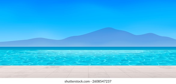 infinity pool tiles deck ocean sea mountain view resort summer vacation vector illustration