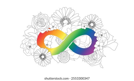 Símbolo del arco iris infinito decorado con flores blancas y negras. Símbolo del orgullo del autismo con Ilustración vectorial de forma redonda. colores del espectro del arco iris Iniciar sesión infinito. Conciencia y aceptación de la neurodiversidad.	