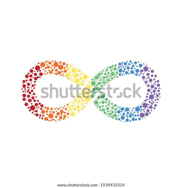 Infinity\
rainbow symbol with dots. Autism pride symbol with round shape\
vector illustration. infinity sign in rainbow spectrum colors.\
Neurodiversity awareness and acceptance.\
