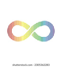 Símbolo arco iris infinito con cuadrados. Ilustración vectorial del símbolo del orgullo autista. signo infinito en colores del espectro arcoiris. Conciencia y aceptación de la neurodiversidad. 