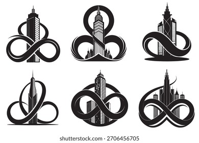 Logotipo imobiliário Infinity com ícone do Skyscraper ícone do vetor conjunto pacote
