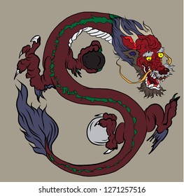 Infinity red dragon in circle isolate on white background.Chinese lucky dragon eight shape in circle.Yin Yang with chinese Dragon movement.god Dragon with ball on Yin Yang Symbol.