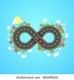 Infinity road. An endless journey through the world. The carriageway. Cartoon car is driving along the road from the eight. Cities and settlements. Trees and plants. Vector illustration