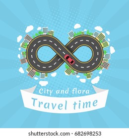 Infinity road. Travel time. Cartoon red car. The carriageway. Halftone effect with rays. Banner of white ribbon. Cities and settlements. Trees and plants. Vector illustration