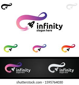 Infinity Rocket logo icon. Vector unlimited infinity, endless line shape sign