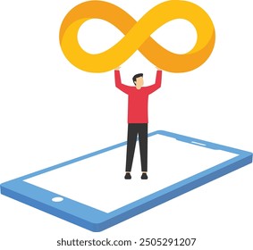 Infinity routine job or career path. Hand holding never ending infinity loop from the phone screen.Flat vector illustration

