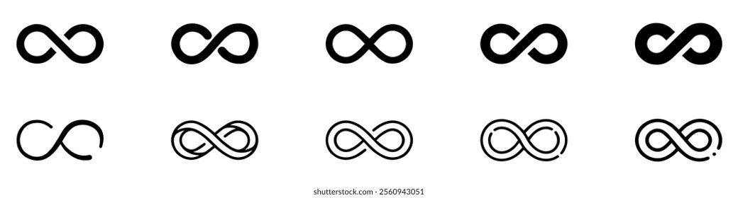 Infinity shape icon. Infinity symbols. Set of infinity icons. Symbols of endless, unlimited, eternal. Vector illustration. EPS 10