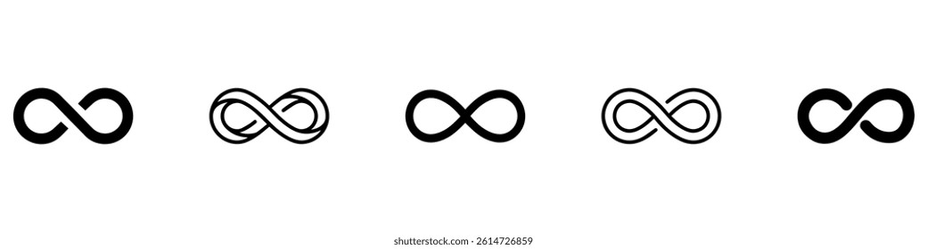 Infinity shape icon. Infinity symbols. Set of infinity icons. Symbols of endless, unlimited, eternal. Vector illustration. EPS 10