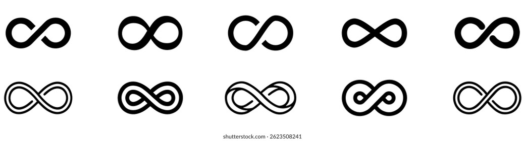 Infinity shape icon. Infinity symbols. Set of infinity icons. Symbols of endless, unlimited, eternal. Vector illustration. EPS 10