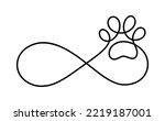 Infinity sign with cat or dog paw in continuous one line drawing logo. Minimal line art. Animal foorprint in heart. Pet love concept.