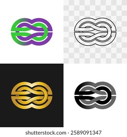 Infinity sign in Celtic knot style logo. Weave knot wide lines decorative element as number 8. Color, line, golden and grayscale styles mystic tattoo symbol on different backgrounds. Editable stroke.