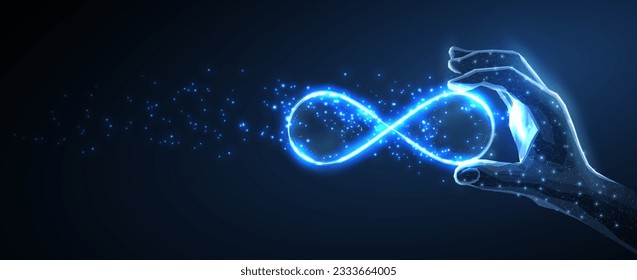Infinity sign in digital hand. AI power, VR technology, and the eternal concept. Digital transformation, eternal energy, infinity chatbot, AI innovation, virtual network, math sign concept