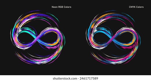 Infinity sign drawn with neon paint, splatter smudge paint. Two color scheme, CMYK, RGB. Grunge style.