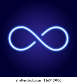Signe d'infini sur une ligne de néon bleu brillant. Illustration vectorielle.