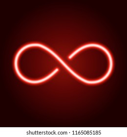 Infinity sign from glowing red neon line. Vector illustration.