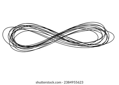 Infinity sign hand drawn illustration. Lines, shape hatching grunge infinite symbol background and texture isolated on white background, design element