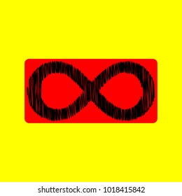 Infinity sign icon. Vector. Black scribble icon in red container with rounded corners at yellow background. Isolated.