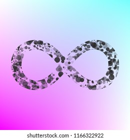Infinity sign icon. Vector. Gray icon with bubbled texture at color background with pink and sky blue corners.
