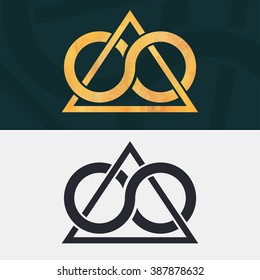 Infinity sign inscribed in a triangle. abstract logo, monochrome, and with a golden texture, element for template.