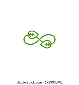 infinity sign with leaves arrows. endless resource.  eco recycle icon. line pictogram isolated on white. Vector reuse  illustration.  Green flat outline leaves. Leaf ecology circle symbol