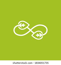 infinity sign with leaves arrows. endless resource.  eco recycle icon. line pictogram isolated on green. Vector reuse  illustration.  Green flat outline leaves. Leaf ecology circle symbol