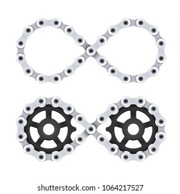 Infinity sign made of bicycle or motorcycle chain with gear wheels. Mobius strip symbol. Vector realistic illustration isolated on a white background.