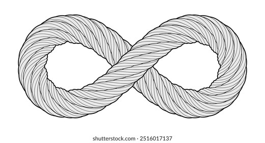 Infinity sign made of wire rope, hawser, cable. Power engineering and nautical industry symbol. Vector illustration with editable strokes isolated on white background.