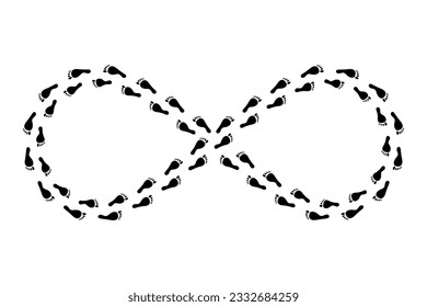 Infinity sign of men footprints. Endless search for a solution. Go in circle. Vector illustration. stock image.